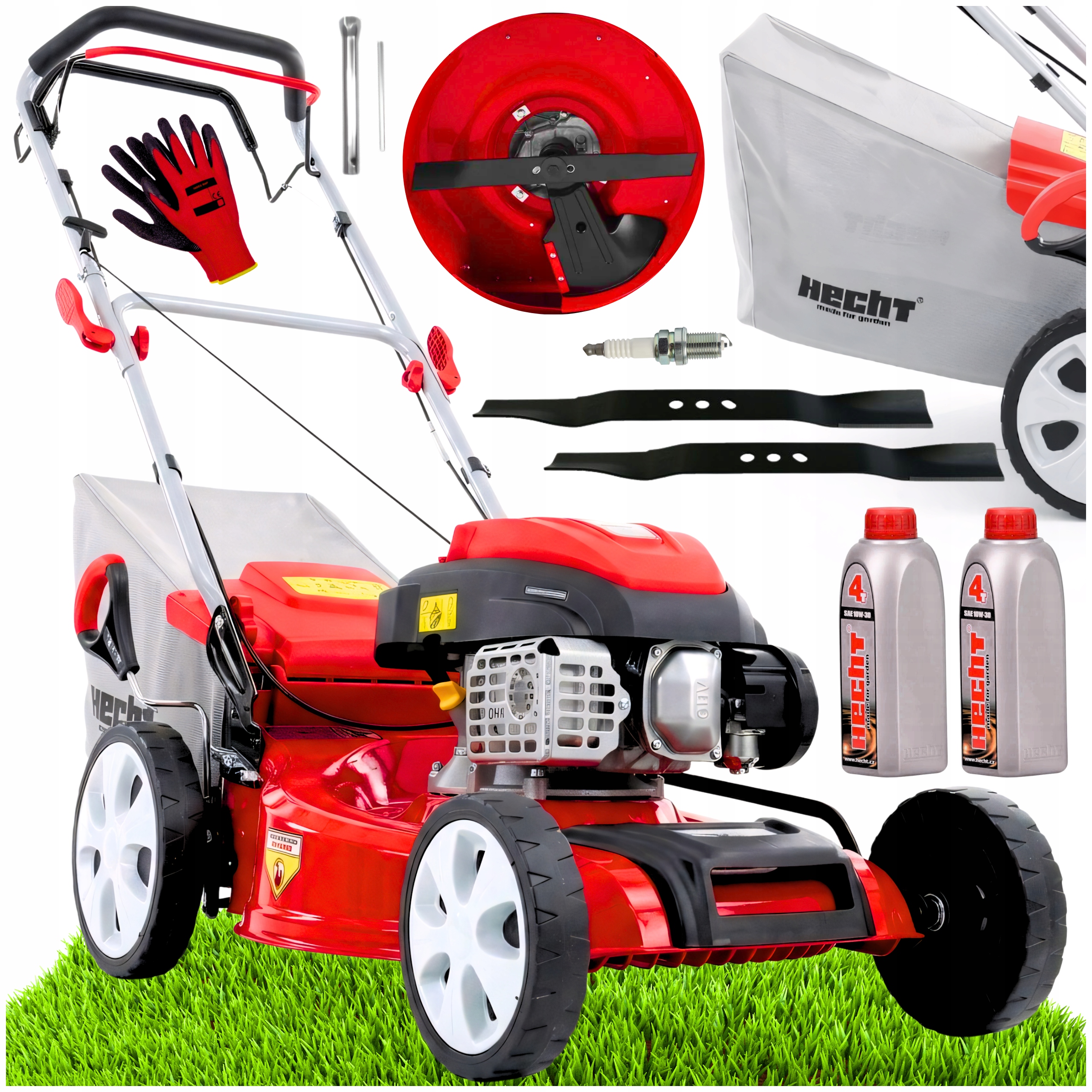 BENZÍNOVÁ KOSAČKA NA TRÁVU S POHONOM HECHT 551SC 3,5 HP 51 CM ČEPELE x2 OLEJ x2